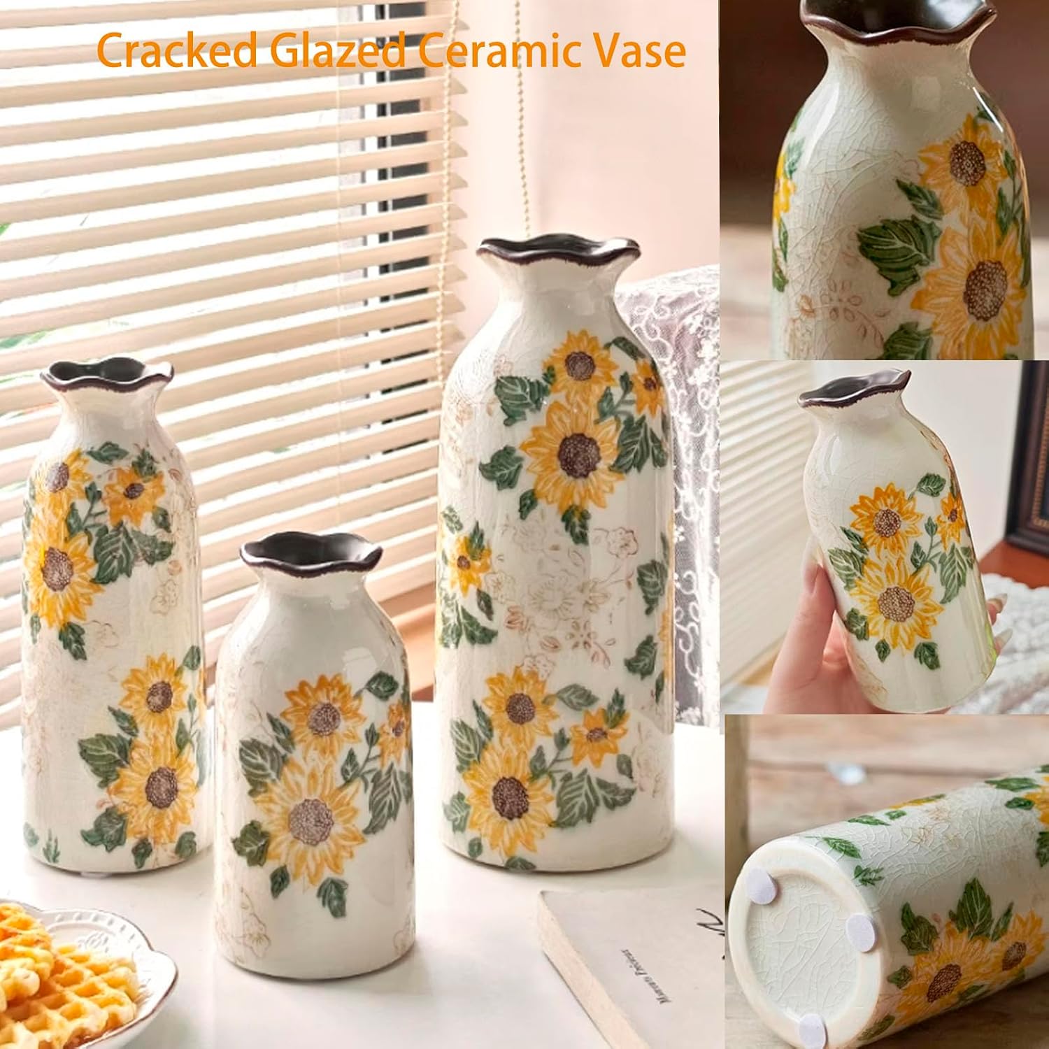 Rustic Ceramic Vase Set, Chinoiserie Sunflower and Beige Vintage Flower Vase of 3, Handmade Distressed Farmhouse Cracked Glazed Small Vases, Pottery Clay Vase for Home Decor, Living Room, Bookshelf