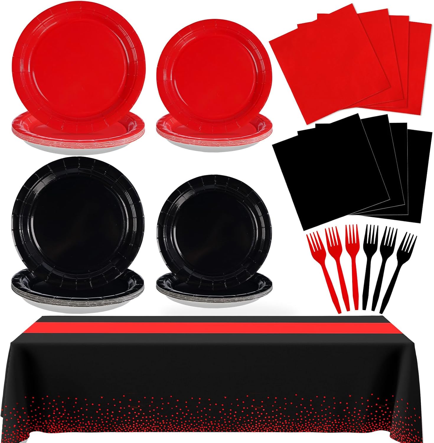 98 Pcs Red and Black Party Supplies Stranger Black and Red Paper Plates Napkins Forks Tablecloths Tableware Set for Graduation Fiesta Congrats Grad Holiday Birthday Wedding Party Decorations Serves 24