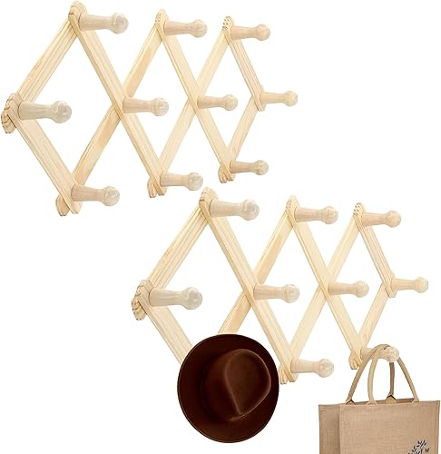 Miniatura 8 de RAM-PRO - Juego de 3 estantes de pared de madera de estilo acordeón expandible para sombrero, gorra, cinturón, paraguas taza de café, joyería,