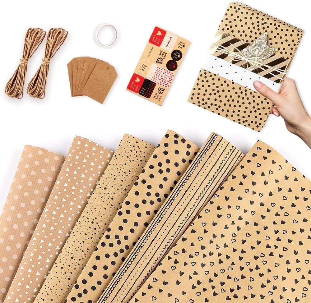ECOARTTE Men's Ties & Plaid Complete Wrapping Paper Set: 6 Reversible Sheets 28x20 6 Adhesive Gift Tags And 3 Yards Of Ribbon The Paper Is Recyclable And Reversible Great For Birthdays And More