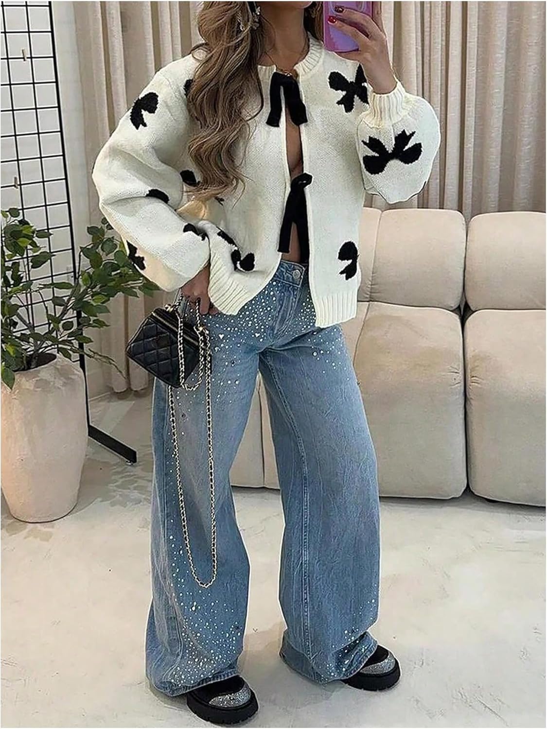 SHENHE Women's Tie Front Bow Cardigan Sweater Crew Neck Loose Fit Coquette Knit Sweater - Image 5