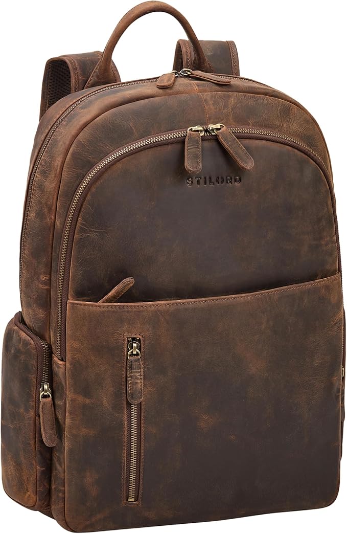 STILORD Roman Grote Laptop Rugzak Leer Heren Notebook Rugzak 15-15.6 Inch Business Rugtas Dames Elegant Office Studenten Backpack met Laptopvak Echt Leder Kleur:zwart