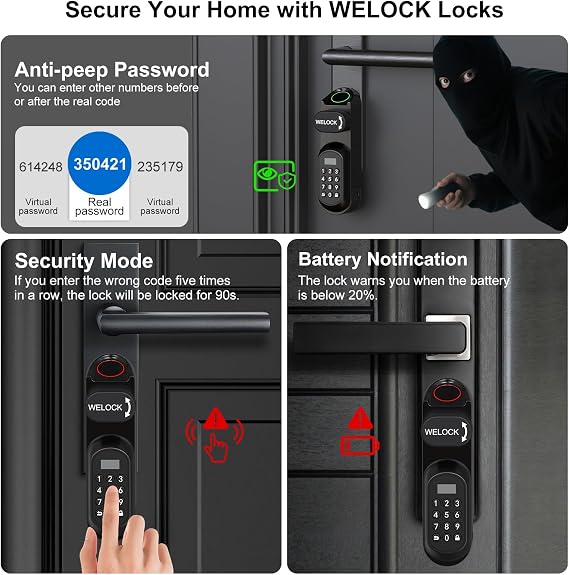 WELOCK U81 Fingerprint Code Door Lock with Key, Electronic Door Lock Front Door with App and Card, Biometrics Smart Lock with Temporary Password, Keyless Entry, Adjustable for 50-90mm EU Profile Door
