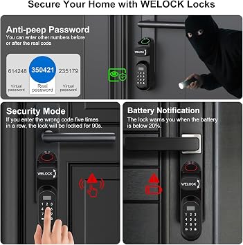 WELOCK U81 Fingerprint Code Door Lock with Key, Electronic Door Lock Front Door with App and Card, Biometrics Smart Lock with Temporary Password, Keyless Entry, Adjustable for 50-90mm EU Profile Door