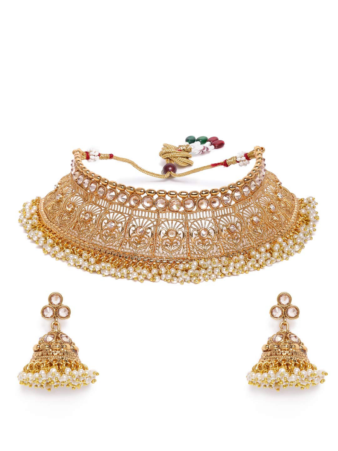 ACCESSHER Gold plated Handcrafted Antique gold Embellished Choker necklace with earrings set for women and girls set of 1 (B08KVYHR55) Amazon Price History, Amazon Price Tracker