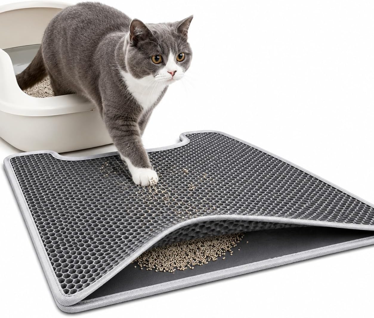 Dwelf Cat Litter Mat, Double Layer Honeycomb Litter Trapper with Hook & Loop Side Closure,S