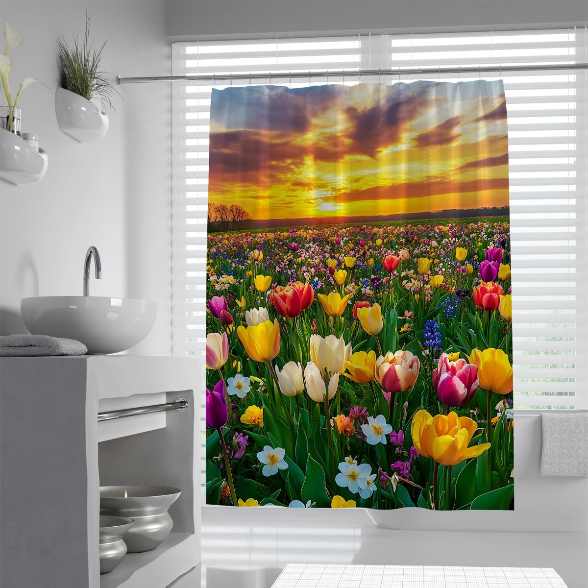 UERWOWELL Tulip Shower Curtain Flower Field Nature Landscape Fabric Bath Curtains Vibrant Wildflower Golden Sunbeam Scenic Bathroom Decor Waterproof W180xL180 cm