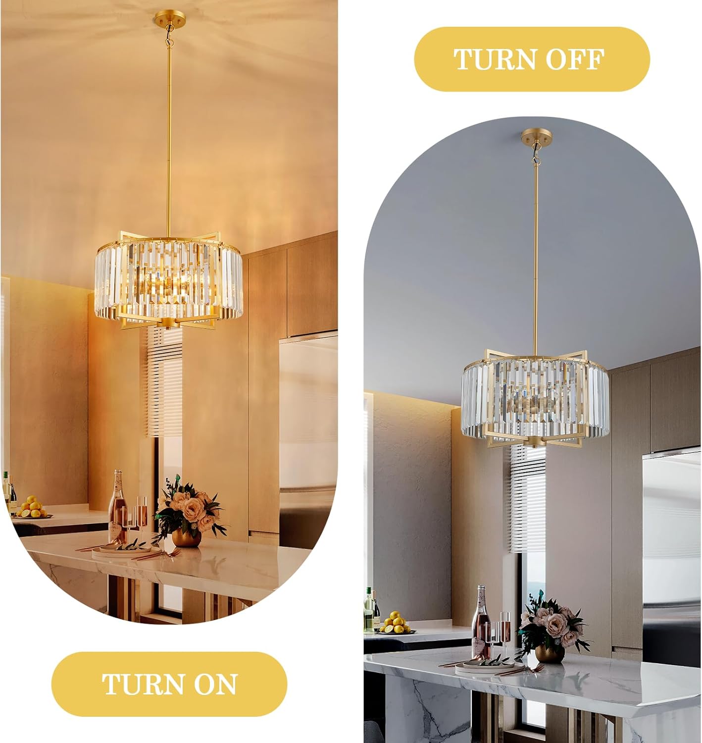 Modern Drum Crystal Chandelier for Dining Room, 20" Round Rustic 5-Light Gold Pendant Lightting Fixture for Living Room Kitchen Island Bedroom Hallway Foyer