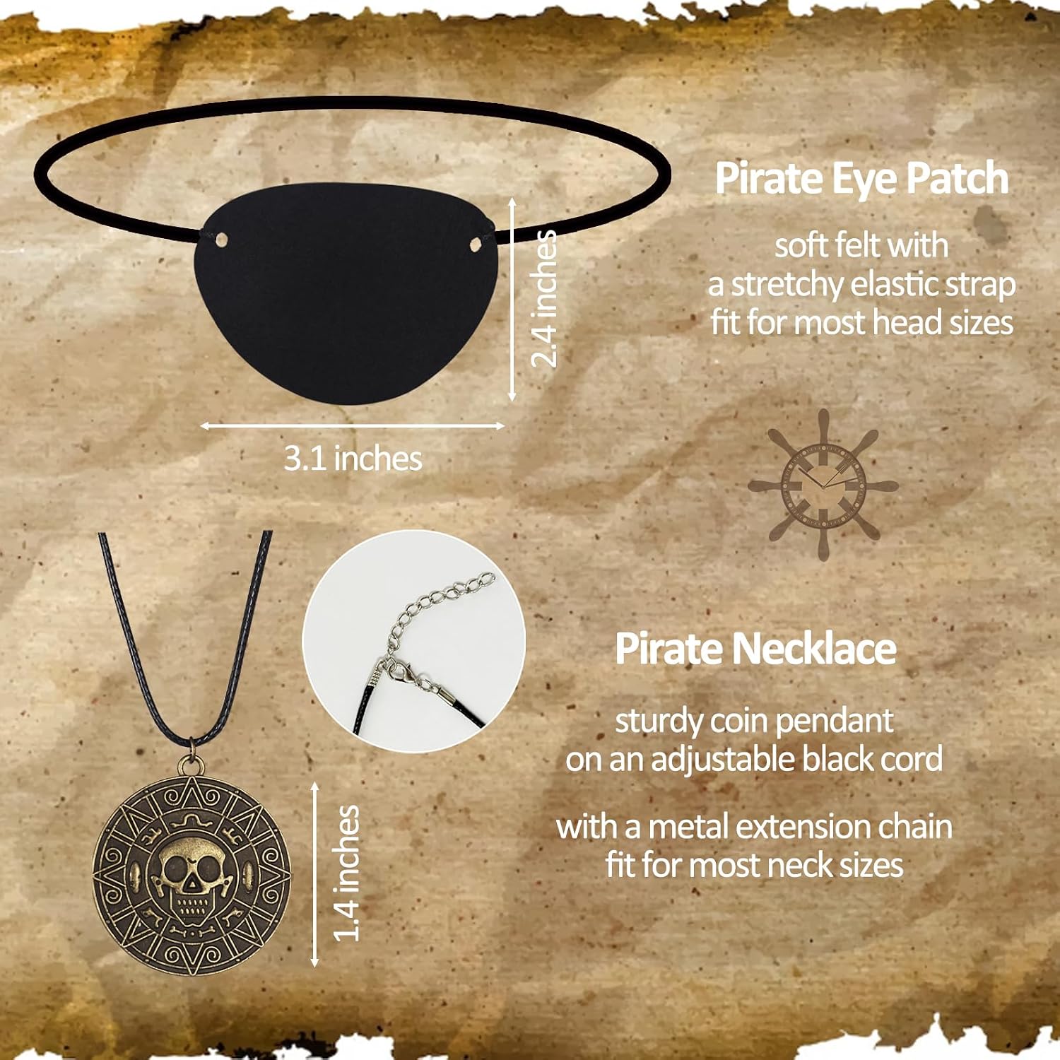 Mysense Pirate Costume Accessories for Men Women Halloween Renaissance Costume Cosplay Outfit,Includes Pirate Hat,Eye Patch and Necklace