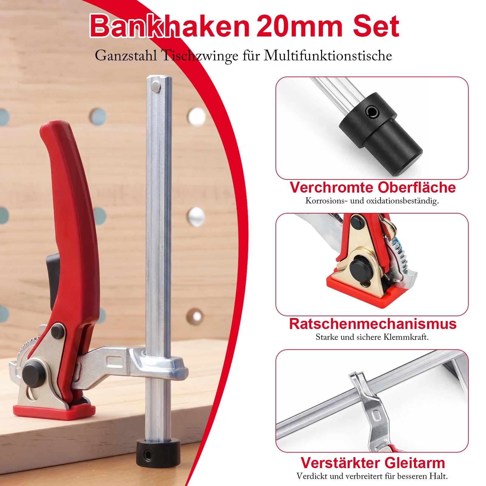 Set di ganci per panca da 20 mm, 2 morsetti a leva a sgancio rapido, 6 supporti antiscivolo, morsetti da tavolo in acciaio al cromo vanadio per tavolo MFT e banco da lavoro, lavori in legno precisi e