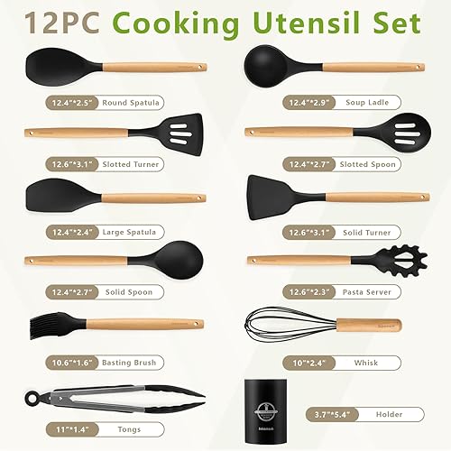 Miniatura 2 de Juego de utensilios de cocina de silicona con soporte, juego de 12 utensilios de cocina resistentes al calor con mango de madera, espátula sin BPA,