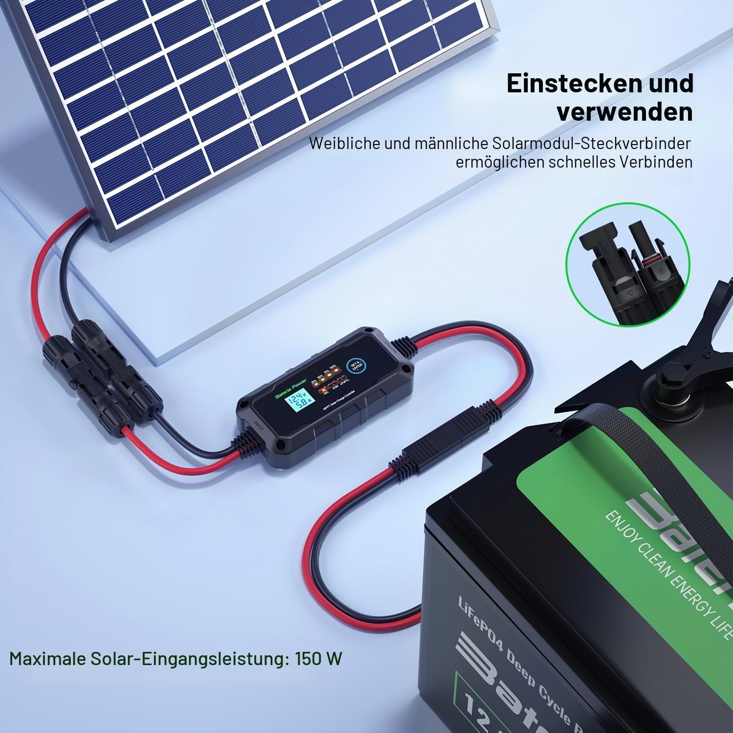 Bateria Power 10A MPPT Solarladeregler 12V MPPT Laderegler Solar mit LED und LCD-Display, Anwendbar auf Versiegeltem Flooded Gel AGM Lithium LiFePO4 Batterie
