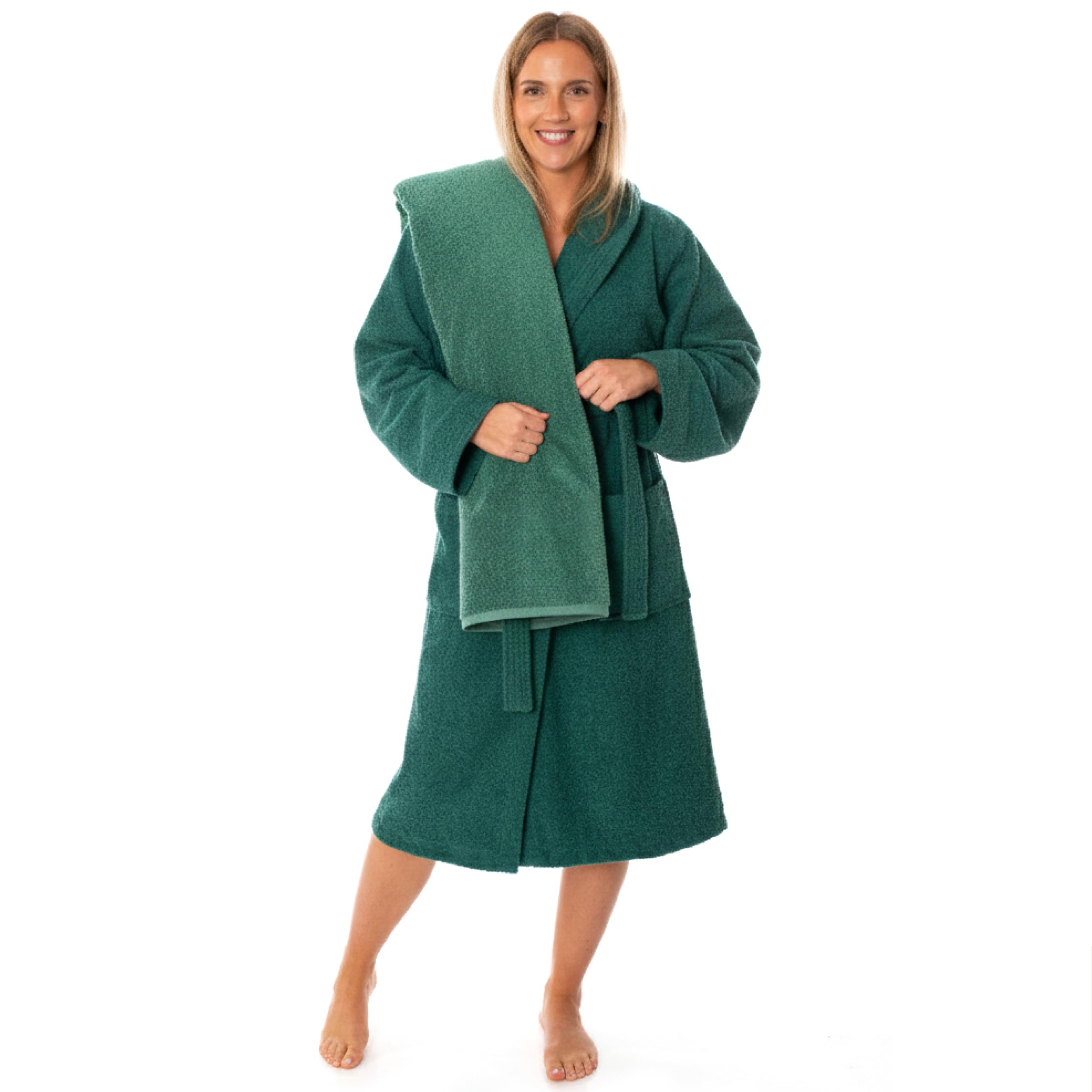 Lavea® Set Sauna Accappatoio Uomo e Donna con Asciugamano Doccia Grande 80x200 cm – Asciugamani Bagno in Spugna 100% Cotone, Morbidi e Assorbenti, Cappuccio e Cintura, OEKO-TEX® – Smeraldo