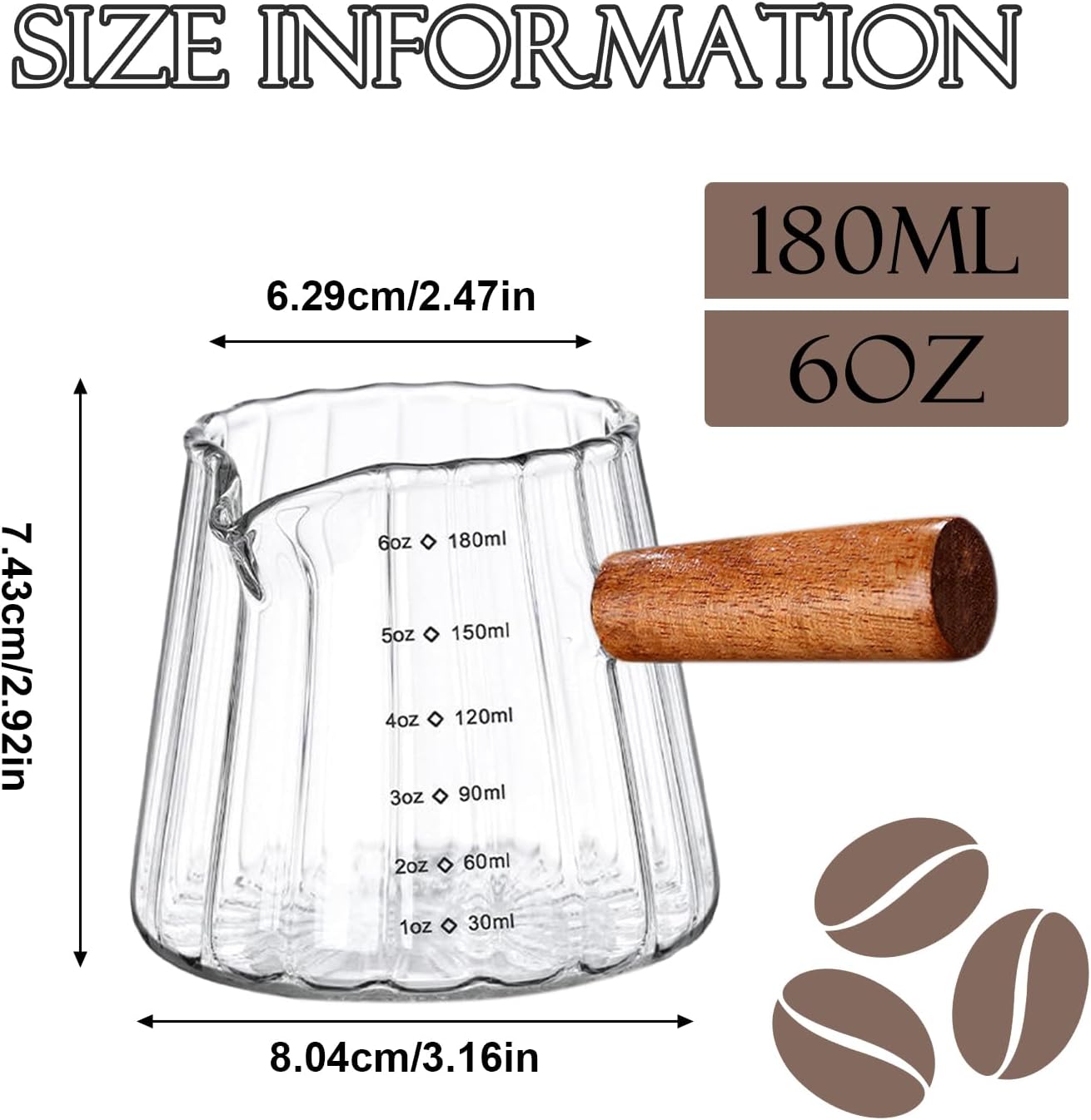 6OZ Wooden Handle Espresso Measuring Cup, Borosilicate Glass Milk Frothing Pitcher with Double Scale & V-Shaped Spout, Dishwasher Safe Coffee Accessories