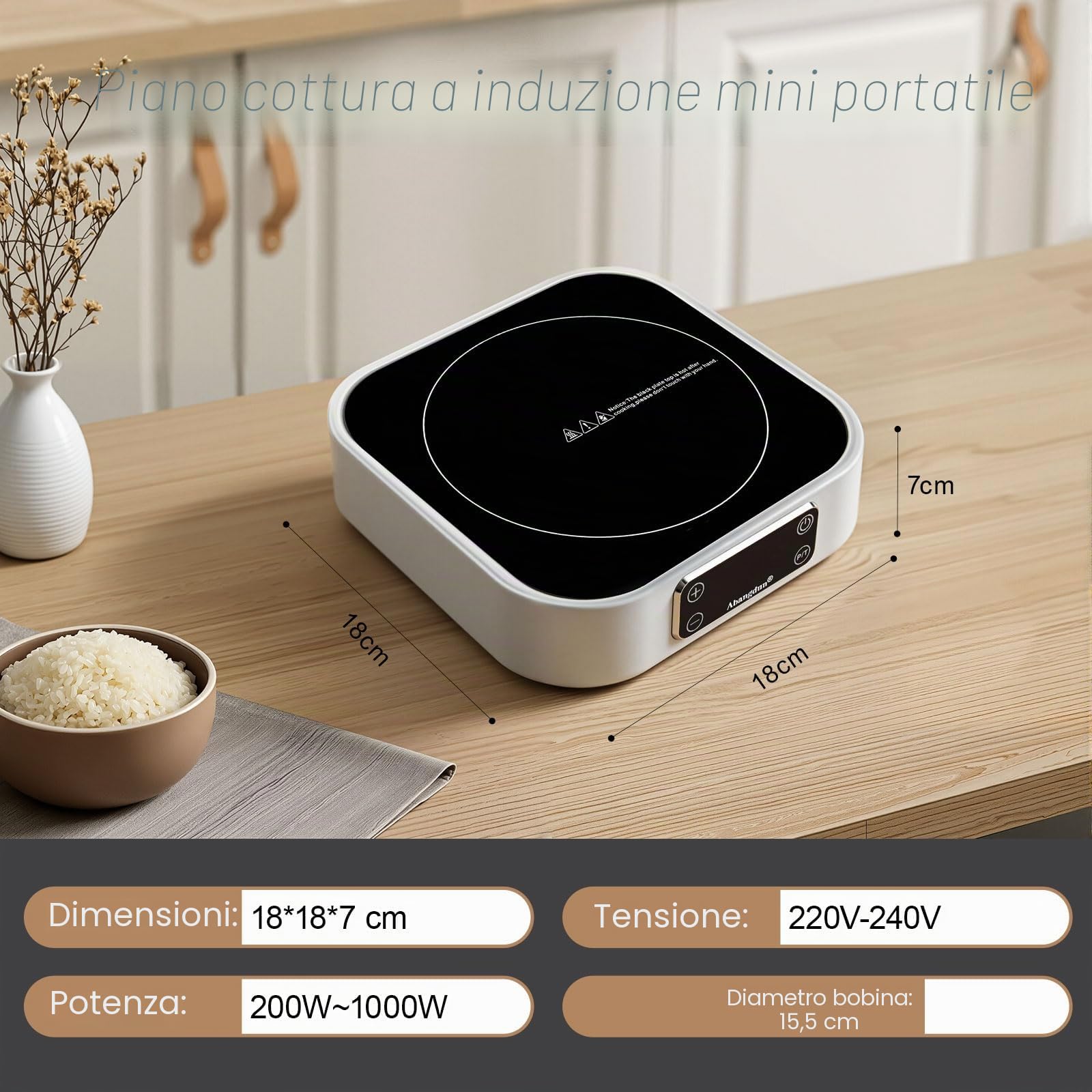 Mini piastra a induzione, 1000 W, mini piano cottura a induzione, 1 piastra, piastra a induzione con 7 livelli di potenza, 200 W-1000 Watt, piastra elettrica a induzione per rimorchi da campeggio