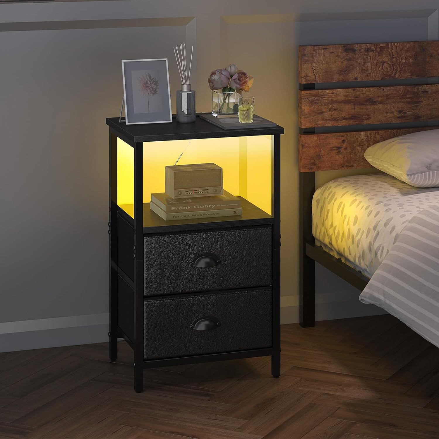 Nightstand with Charging Station, LED Night Stand Set 2, Bedside Table End Table Set of 2, Bedroom Table with 2 Fabric Drawers PU Finish, 3-Tier Storage Side Table for Bedroom,Black