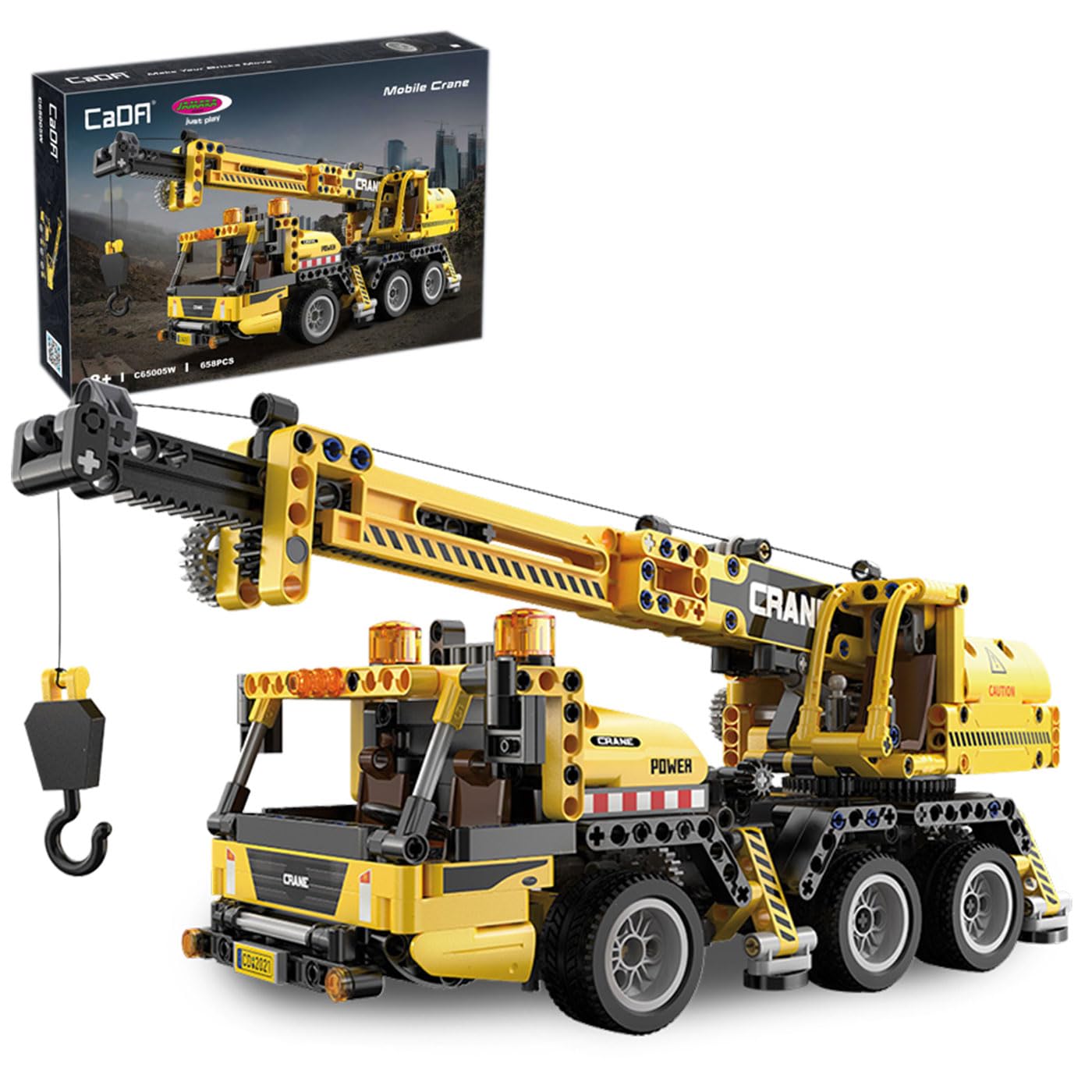 JAMARA 402886 CADA Mobilkran Bricks - Baustellenfahrzeuge ab 8 Jahre, Kinder Technik Jungen Spielzeug, Geschenkidee für Kids, Fahrzeug aus Klemmbausteinen, Detailgetreues Design