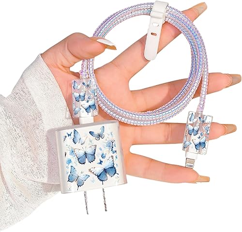 Bonito protector de cable para iPhone Apple Charger, diseño transparente de mariposa bonita, cable de datos USB, protector de cargador de teléfono