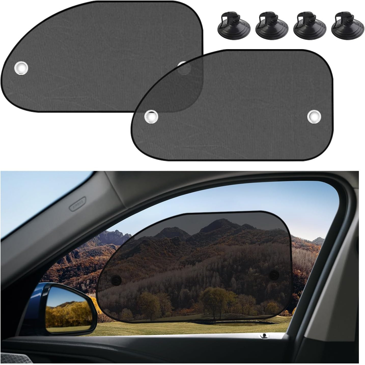 2 PCS Universal Car Window Shade, UV Rays Protection Automotive Sun Shades with Suction Cups, Rear Side Window Sunshade Heat & Glare Blocker for Sedans Trucks SUVs (with Hole)