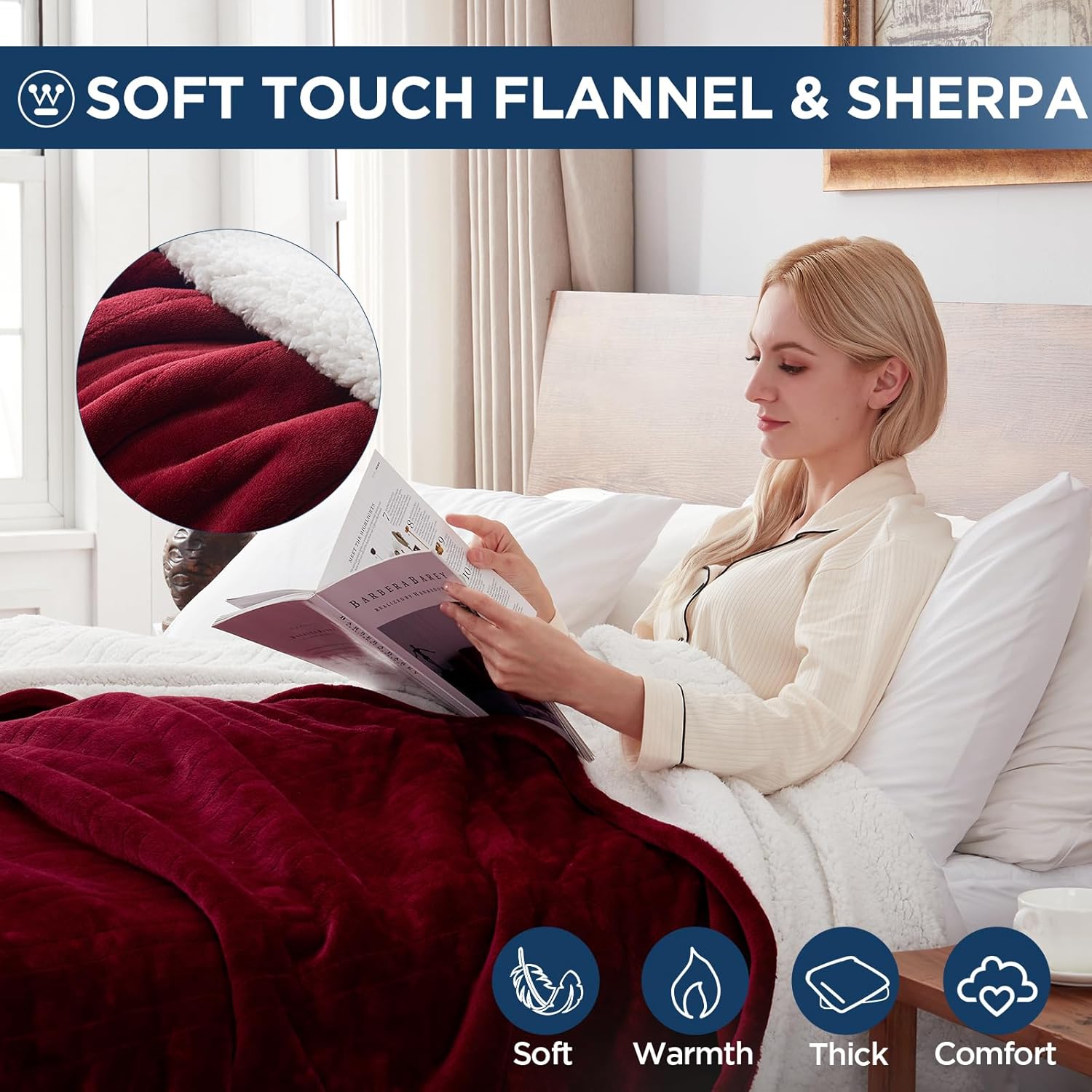 Westinghouse Electric Blanket Twin, Heated Blanket Twin Size with 10 Heating Levels and 1 to 12 Hours Heating Time Settings, Flannel to Sherpa Reversible, Machine Washable (62" x 84", Red) - Image 5