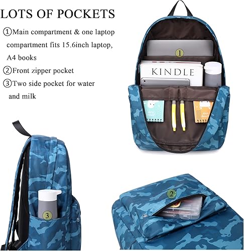 Miniatura 5 de OctSky Mochila infantil para niñas y niños con lonchera para lápices para escuela primaria, bolsas de viaje, #Camo Azul, Mochilas de camuflaje para