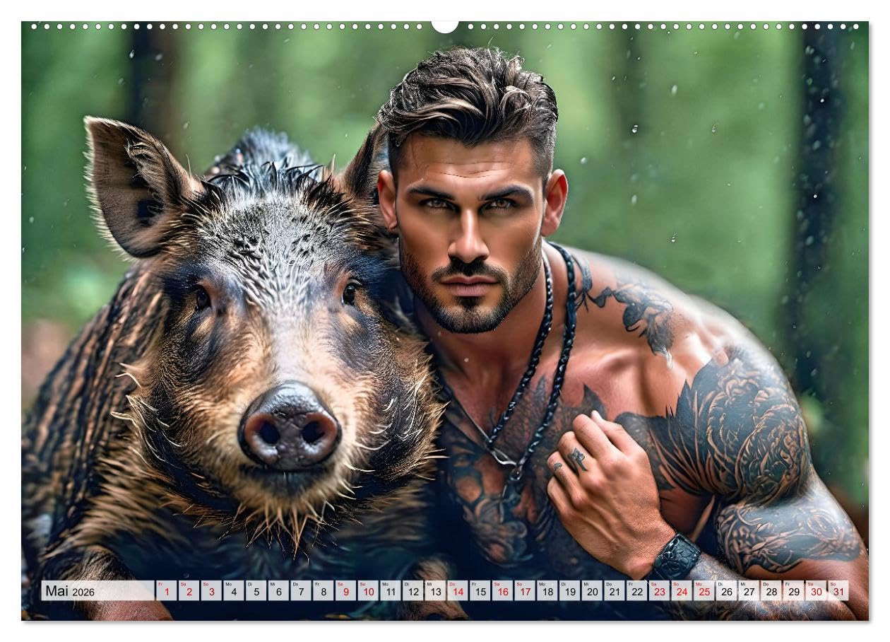 Naturburschen im Wald - Muskeln, Tattoos und Waldbewohner (hochwertiger Premium Wandkalender 2026 DIN A2 quer), Kunstdruck in Hochglanz: Einzigartige ... in tiefen Wäldern (CALVENDO Tiere)