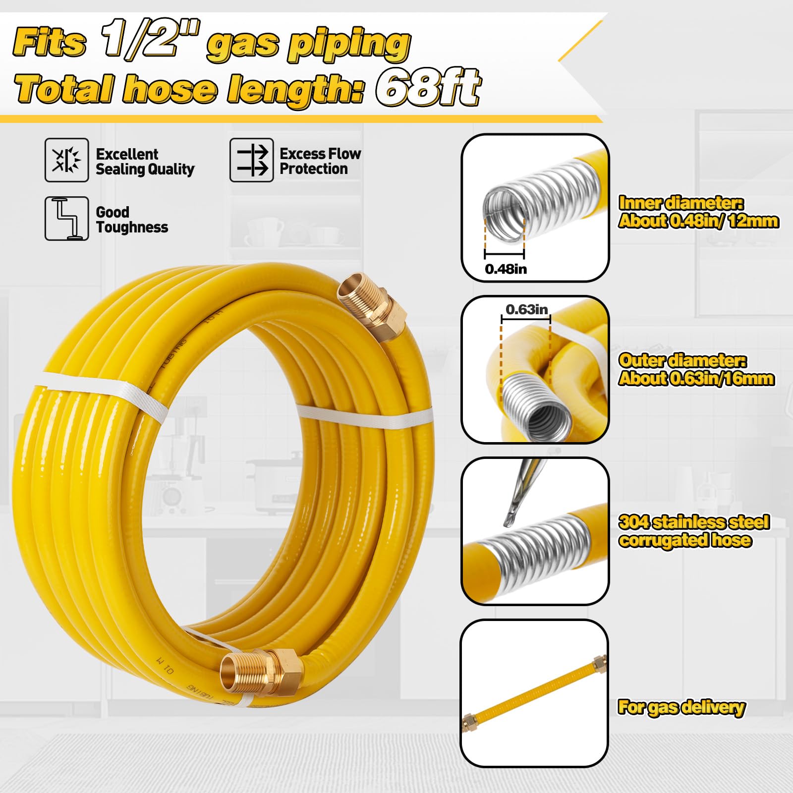 Tubo de acero inoxidable corrugado CSST de 1/2 pulgada y 70 pies, kit de tubería con 2 accesorios macho, antigrietas, utilizado para calentadores de construcción, equipos de propano NG (70