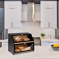 Vista 6 de HOMEKOKO Panera grande de doble capa para encimera de cocina, contenedor de almacenamiento de pan de madera de gran capacidad (negro)