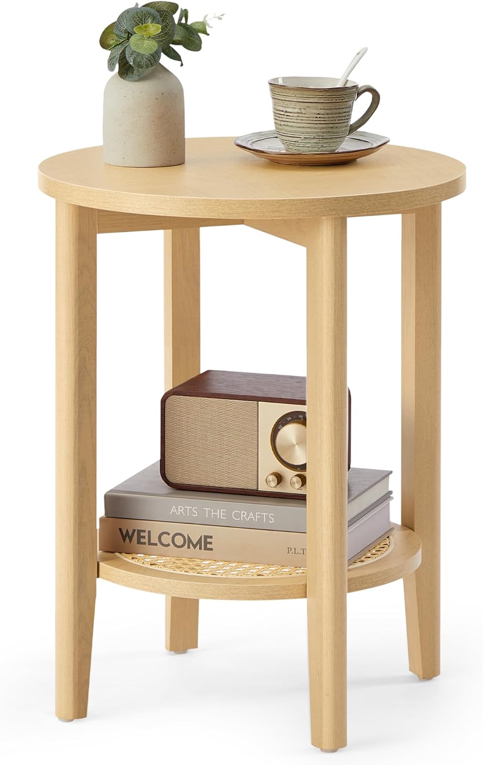 VASAGLE Round Side End Table, 2-Tier Boho Bedside Table with Rattan-Look Storage Shelf, Nightstand for Small Spaces, for Living Room, Bedroom, Home Office, Oak Beige ULET296Y01 Boho 15.8"Dia. x 21.9"H Oak Beige