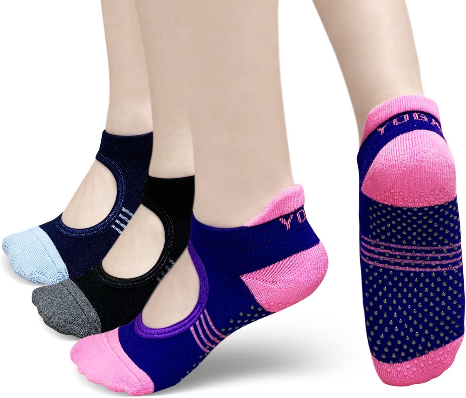Womens Yoga Pilates Socks: Ladies Non Slip Grip Socks for Yoga Pilates Barre Ballet Dance Workout Fitness Size UK 4-8 Pink Grey Blue 3pairs