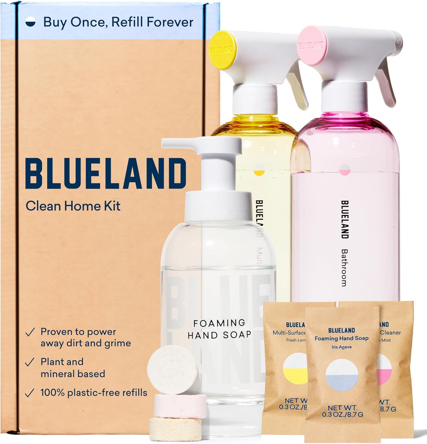 The Blueland Clean Essentials Kit with its reusable spray bottles and small refill tablets.