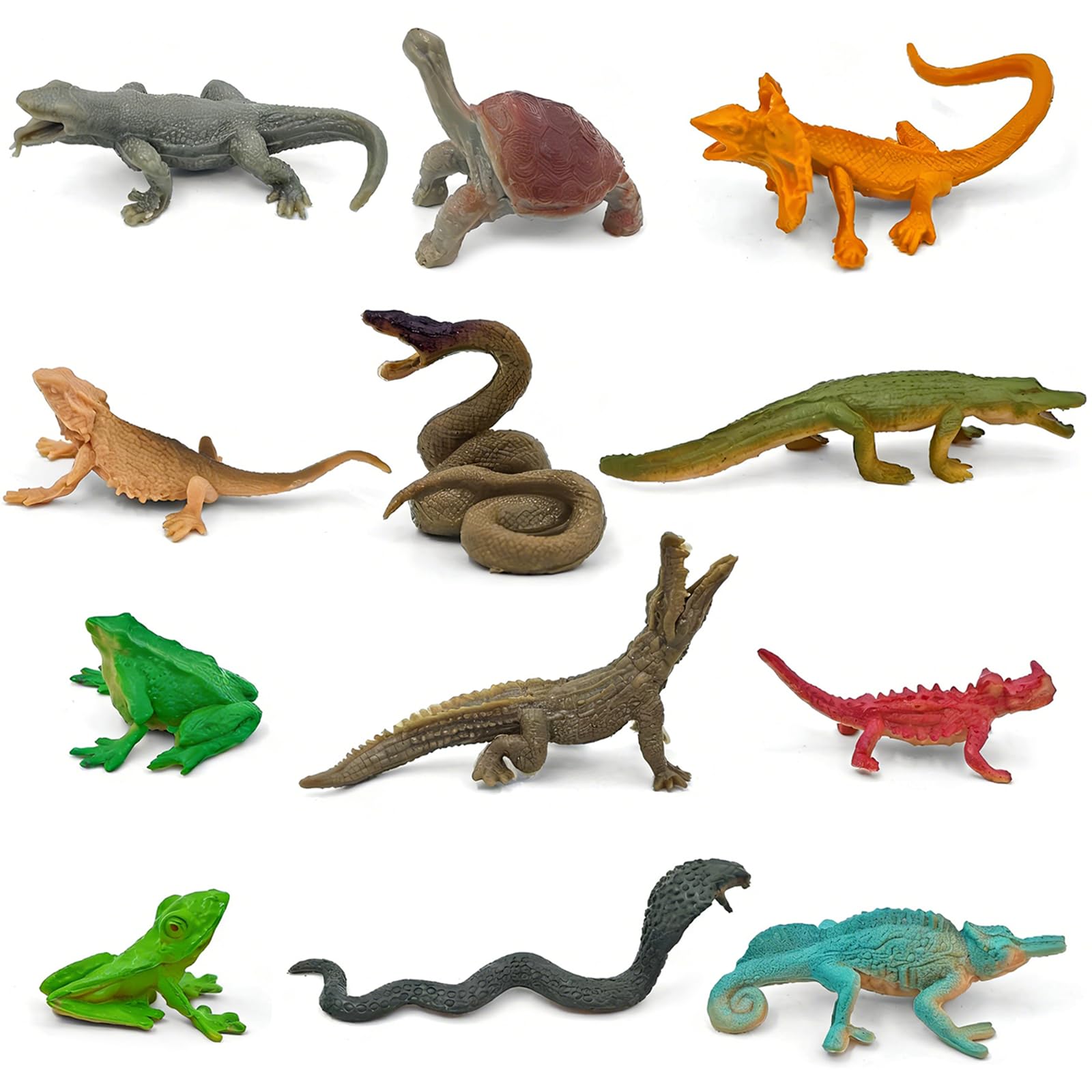 12-Piece Animal Toys Set, Frog and Reptile Collection, Crocodile Turtle Snake Lizard Komodo Dragon Realistic Small-Scale Animal Figures for Display, Collection, Decoration