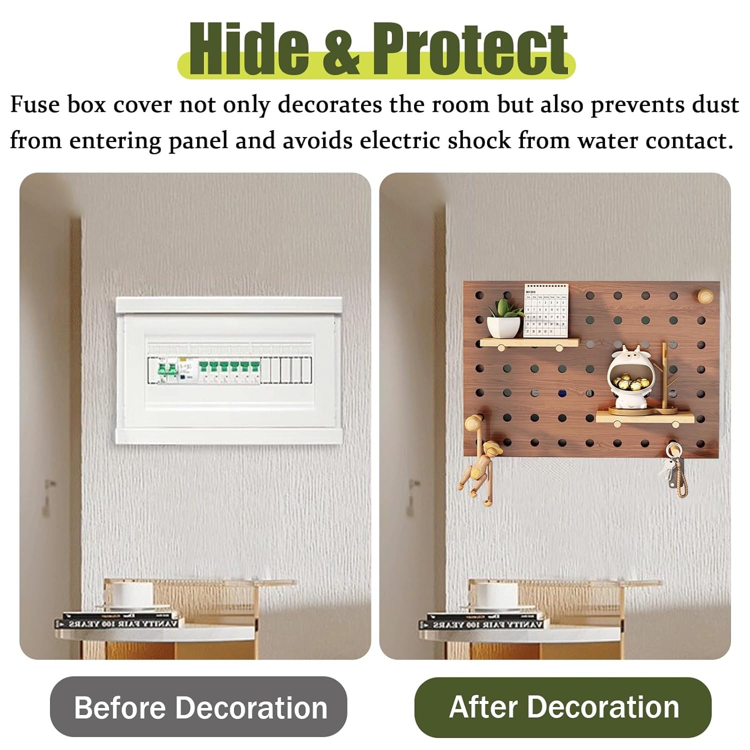 Multifunctional Electric Panel Cover Cabinet with Shelf & Hook - Decorative Circuit Breaker Box Lid for Entrance Corridor, Brown, 60 x 40 cm (23 5/8" x 15 3/4")