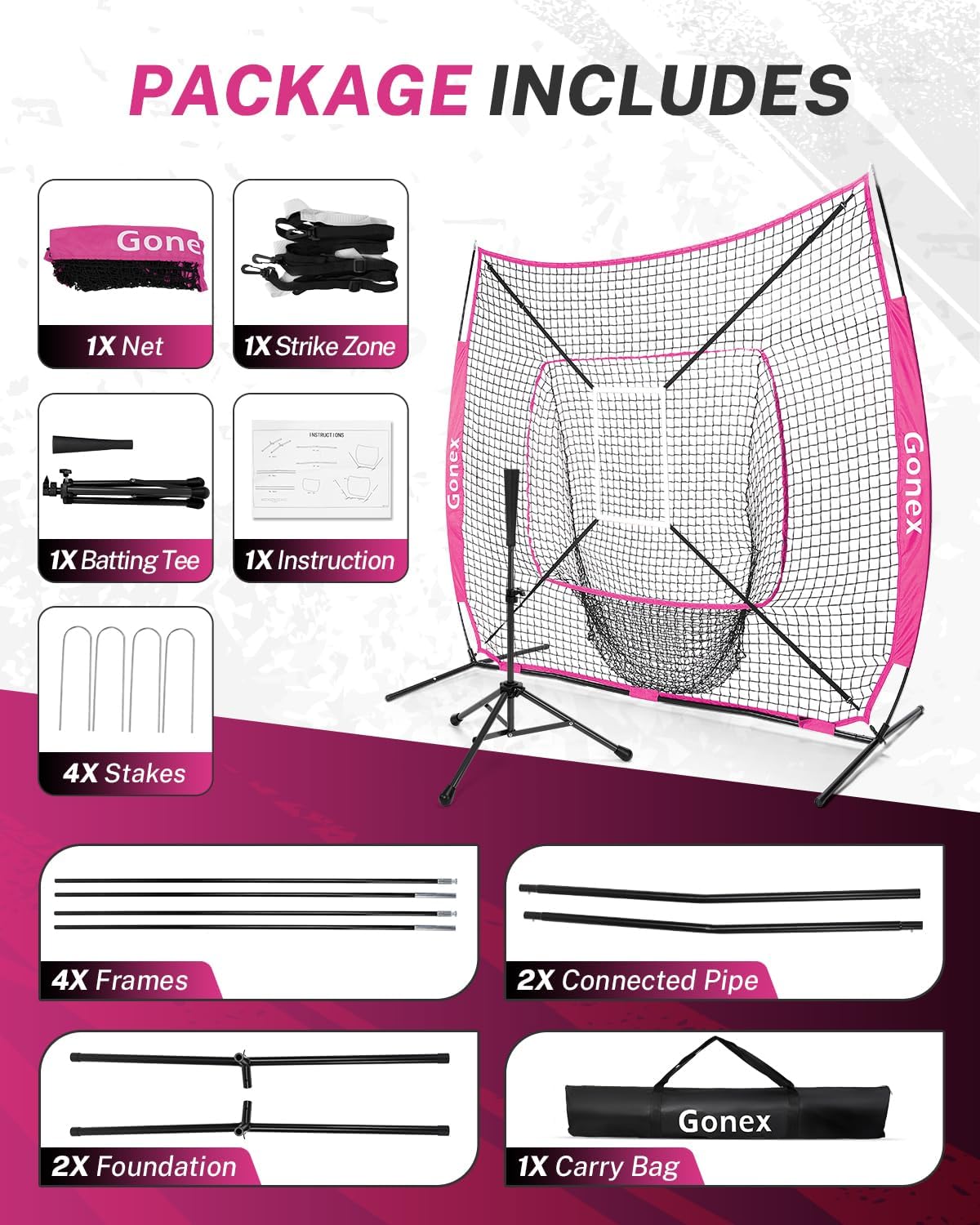 Gonex 7' x 7' Baseball Softball Practice Net Set with Batting Tee for Hitting and Pitching Batting, Practice Training Aid, with Strike Zone, Large Mouth, Bow Frame, Carrying Bag