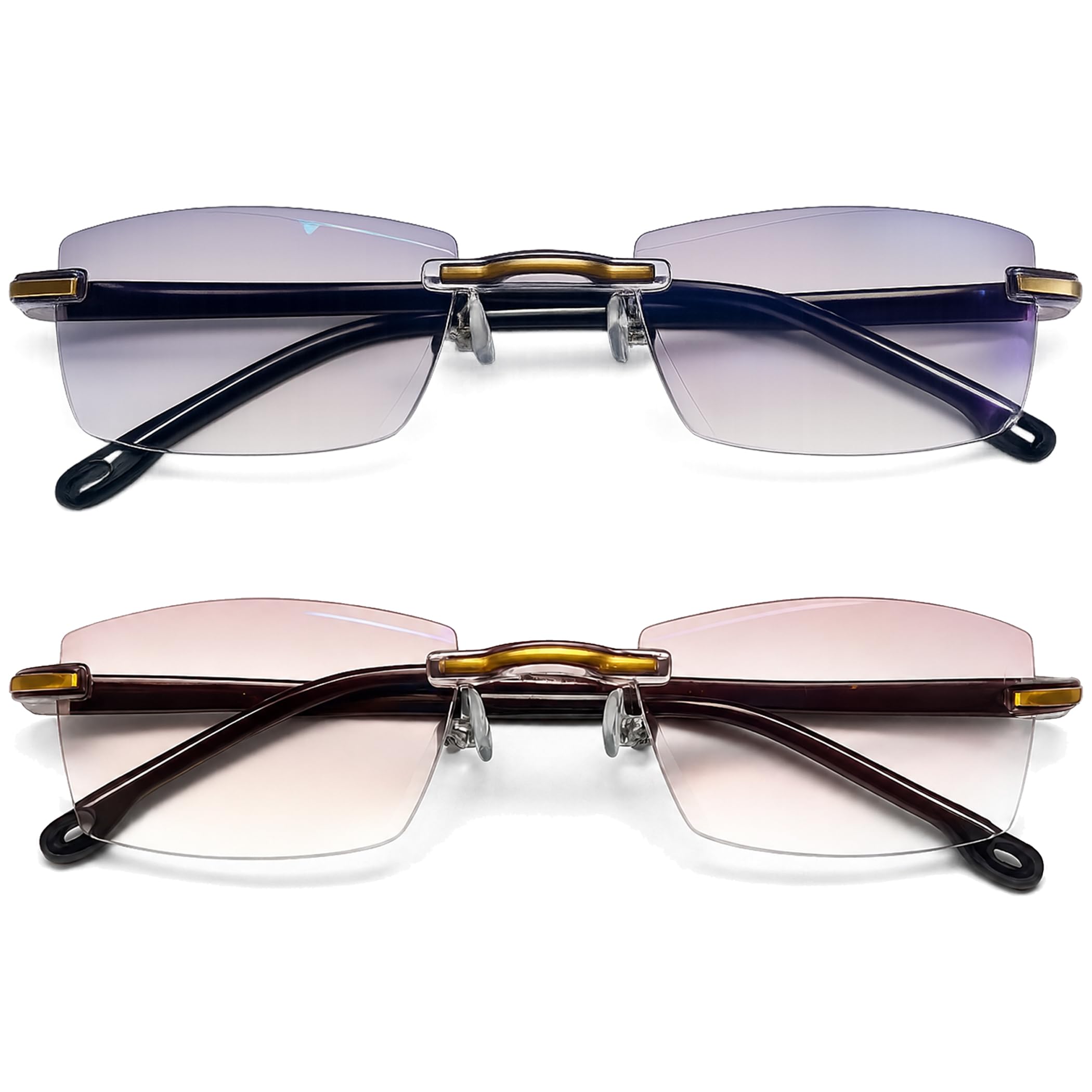 Rimless Reading Glasses Men Women 2 Pack Ultra Light Fashion Diamond Cutting Design Blue…