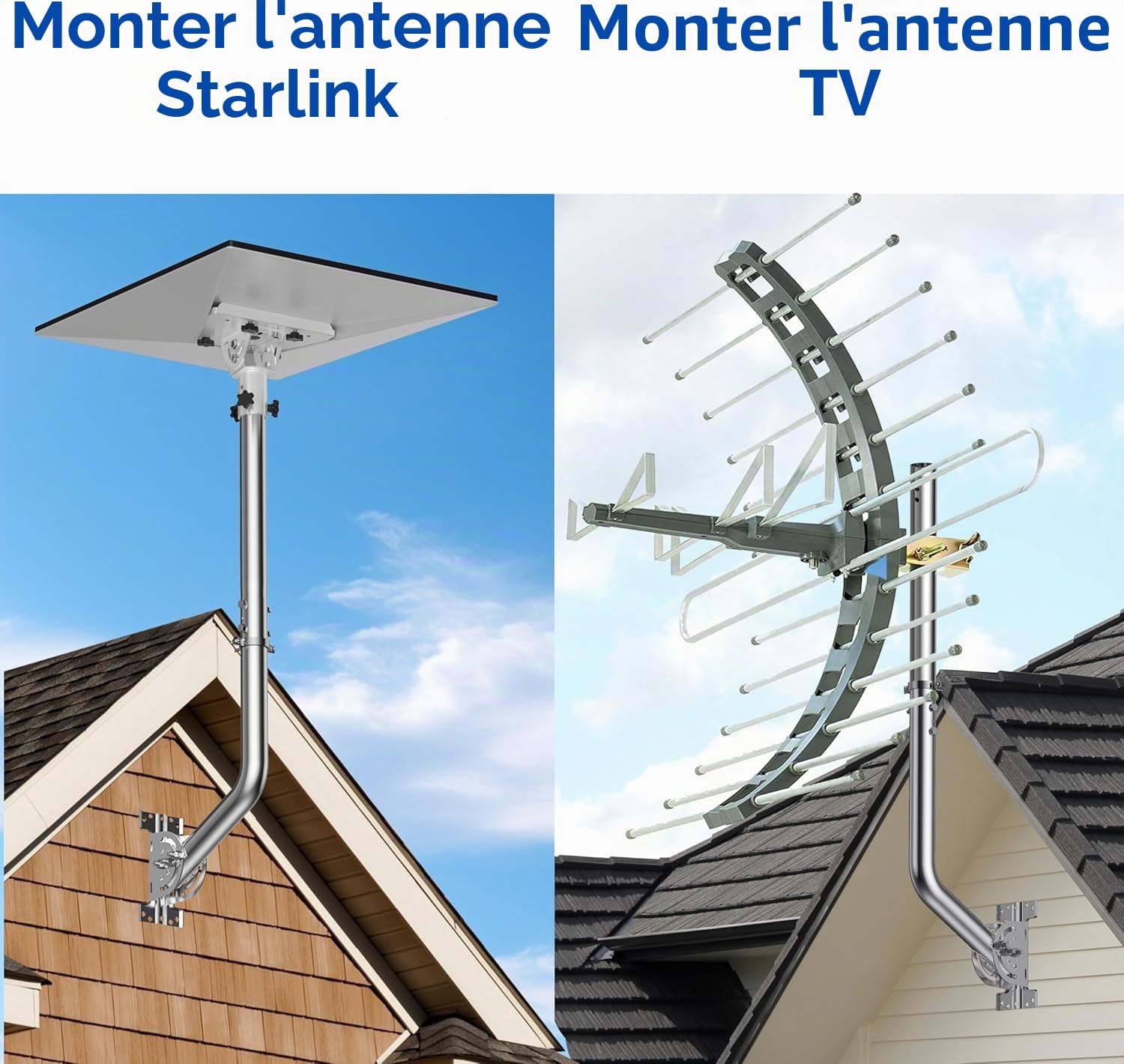 Mât d'antenne Universel pour antennes de télévision/Satellite/Radio/Wi-FI - Support d'installation sur Poteau et Mural réglable (Support en Inoxydable de 52cm)