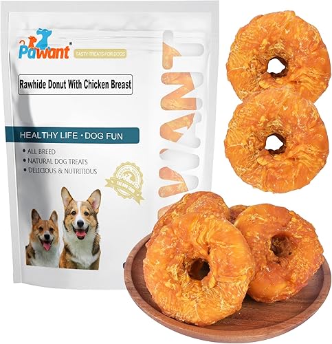 Pawant Golosinas para perros de larga duración para perros grandes, dientes limpios envueltos en pollo, donas de cuero crudo, 0.5lb227g