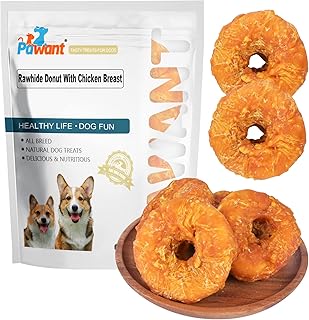 Pawant Dog Treats Long Lasting for Large Dog Clean Teeth Chicken Wrapped Rawhide Donuts 0.5lb/227g
