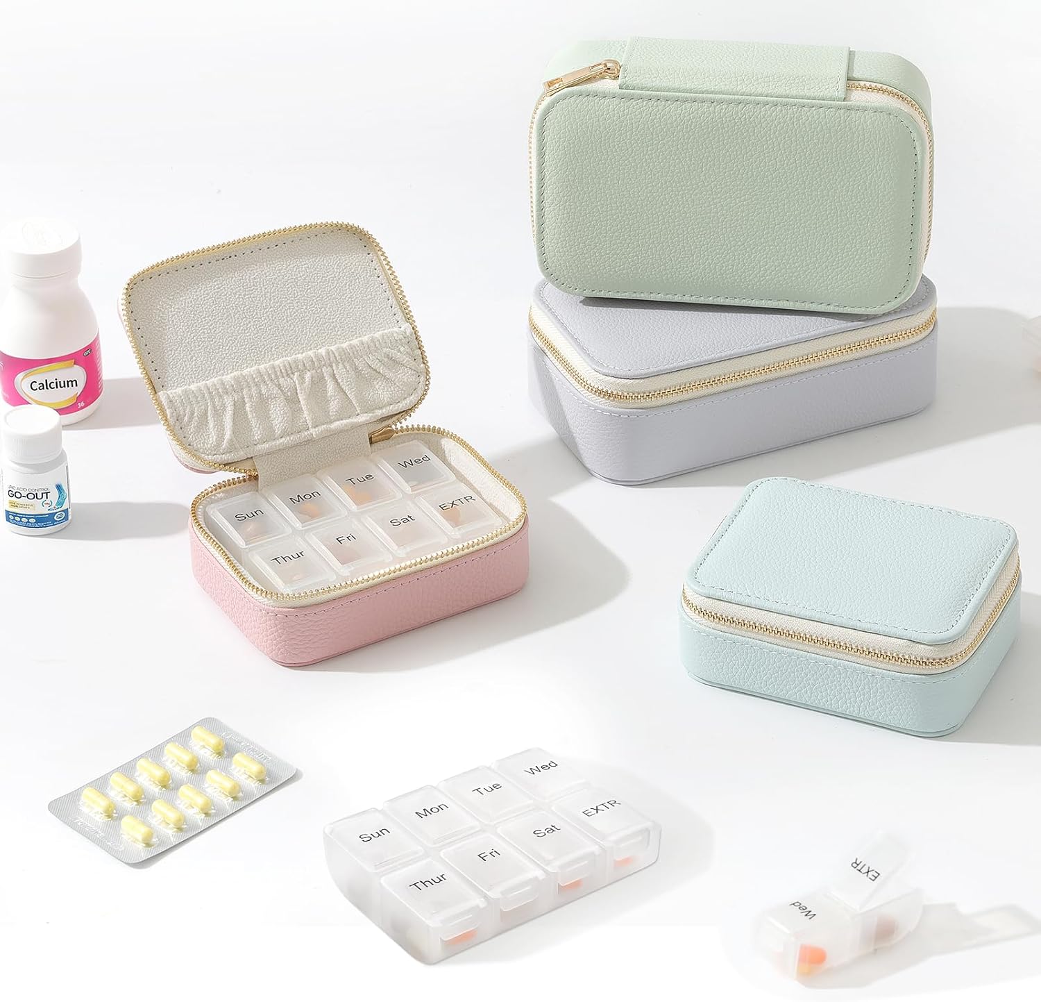 Genuine Leather Travel Pill Organizer Box Case 2 Times a Day for Purse for Women, Cute Medicine Pill Holder Containers for Vitamin Medium Weekly Daily 7 Day Am Pm Pill Organizer(Beige)