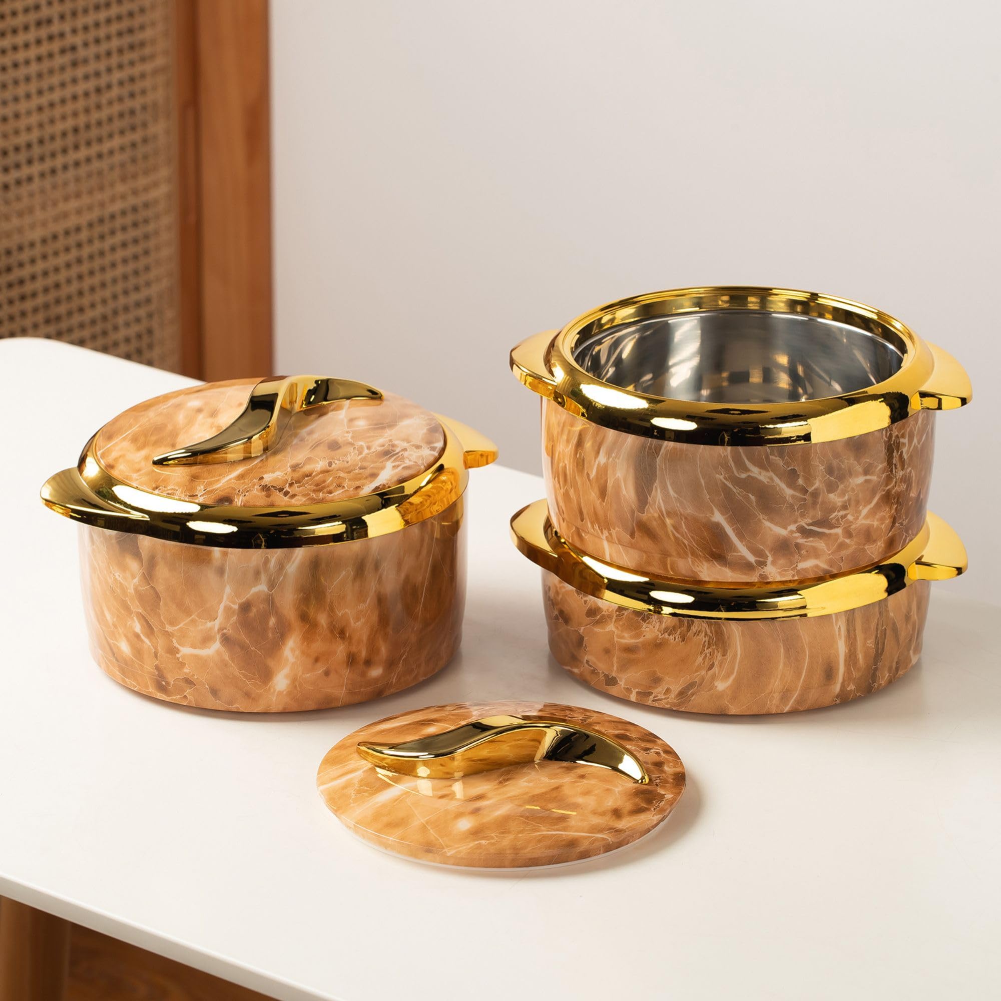 Isolierte Auflaufformen mit Deckel, Thermo-Servierschalen-Set, 3-teilig | 2,6/2,1/1,6 Qt, Speisenwärmer-Behälter mit Griffen, Edelstahl-Auskleidung