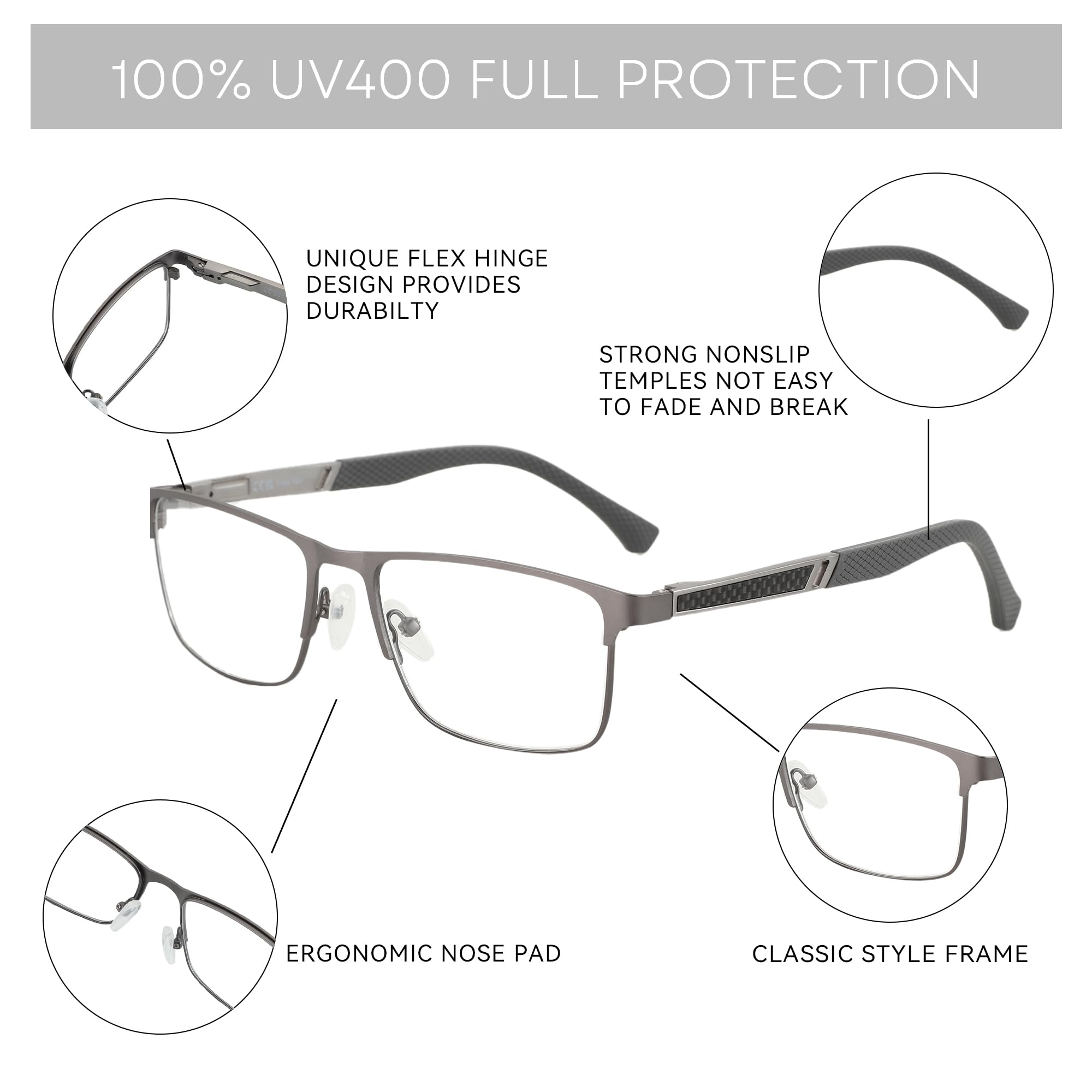 ZENOTTIC Lunettes de Lecture Anti Lumière Bleue Fibre de Carbone Métal Monture Carrée