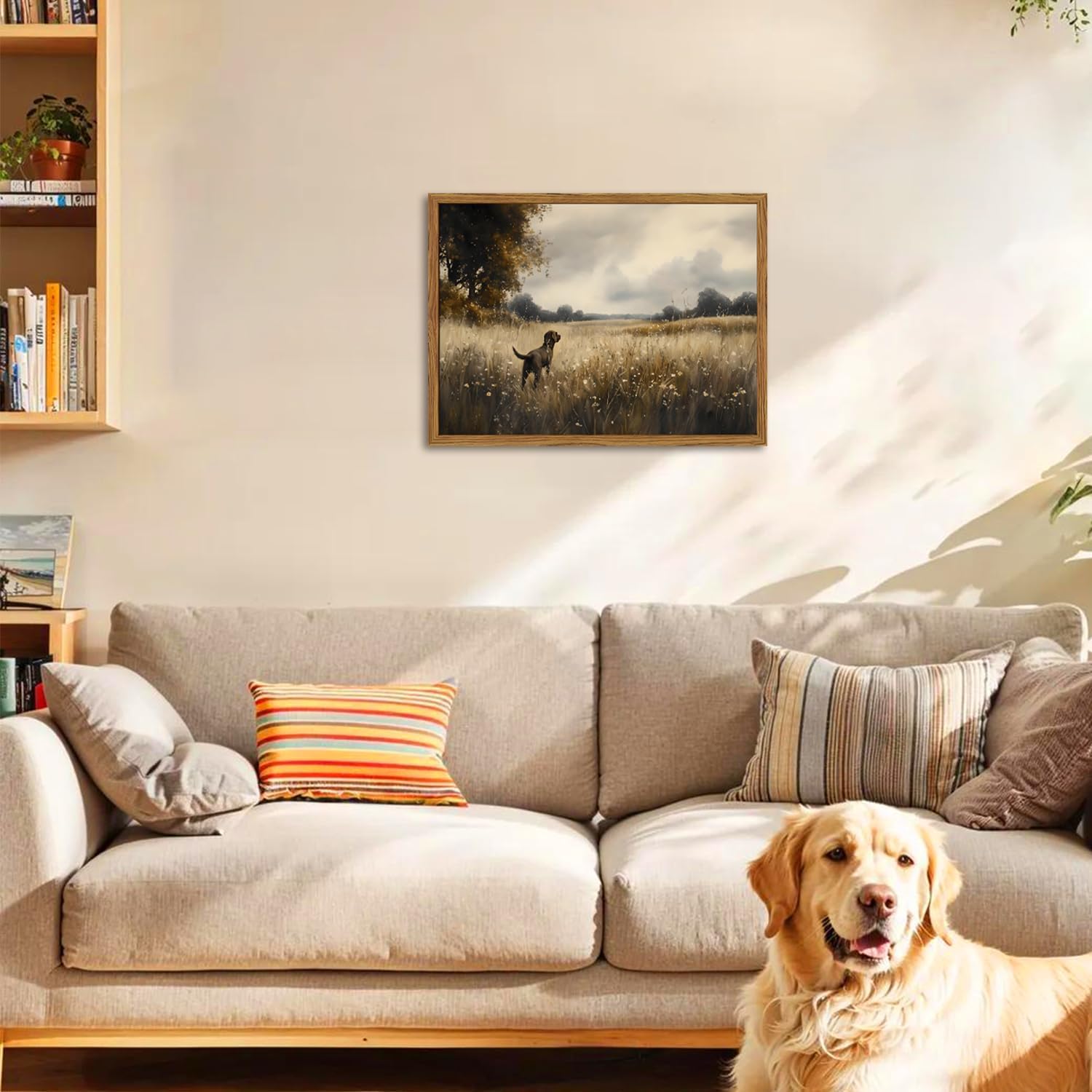 Framed Vintage Hunting Black Dog Wall Art, Rustic Country Landscape Pictures Wall Decor, Farmhouse Animal Paintings Canvas Prints for Home Living Room Bedroom 12x16 inch