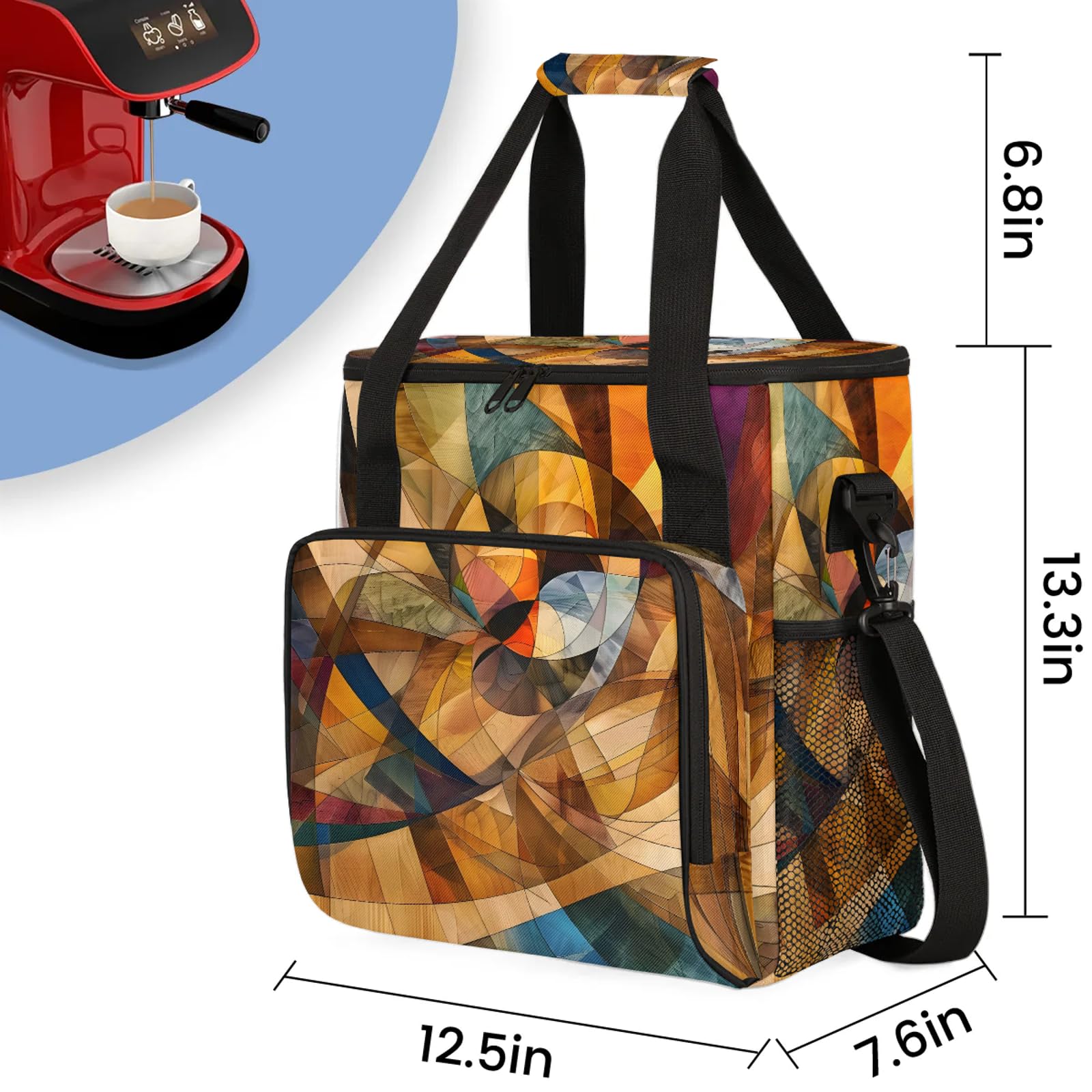 Adornori Modern Boho Abstract Coffee Maker Carring Bag, Large Insulated Storage Organizer Case Tote Bags with Shoulder Strap for Travel Work Picnic