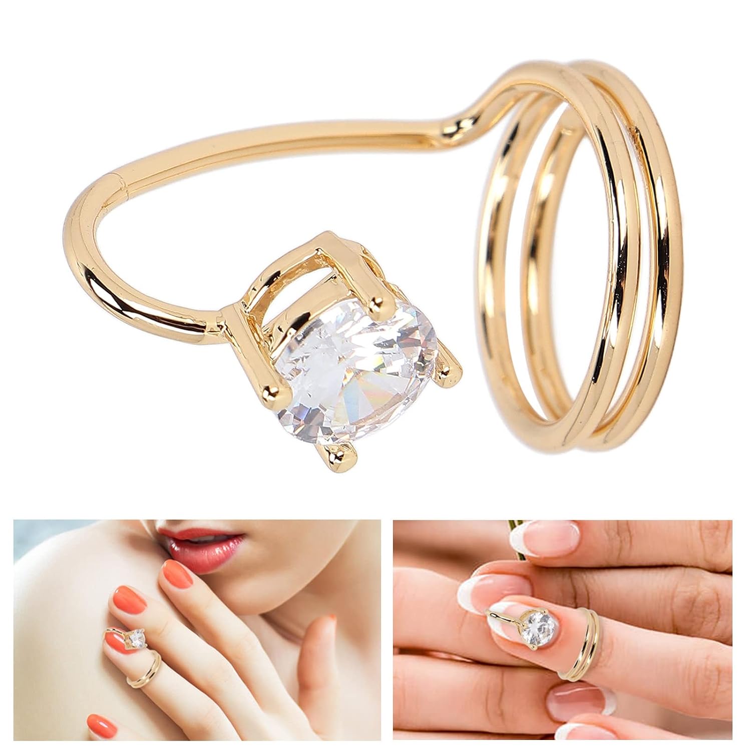 ZJchao Nail Rings, Women Finger Nail Rings Rhinestone Fingernail Rings Decoration Fingernail Opening Tip Rings Decorative Fingernail Protective Cover for Women Lady Parties Weddings(3059 Gold)