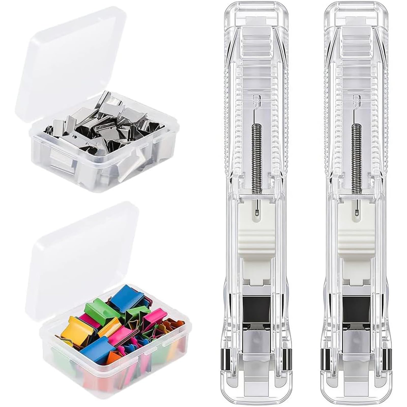 Portable Binder Clip Stapler - Includes 100 Reusable Clips, Handheld Paper Binder Clip Dispenser for Desk Document, Metal Office Supplies in Clear Box for Home Organization School (2PCS-Transparent)