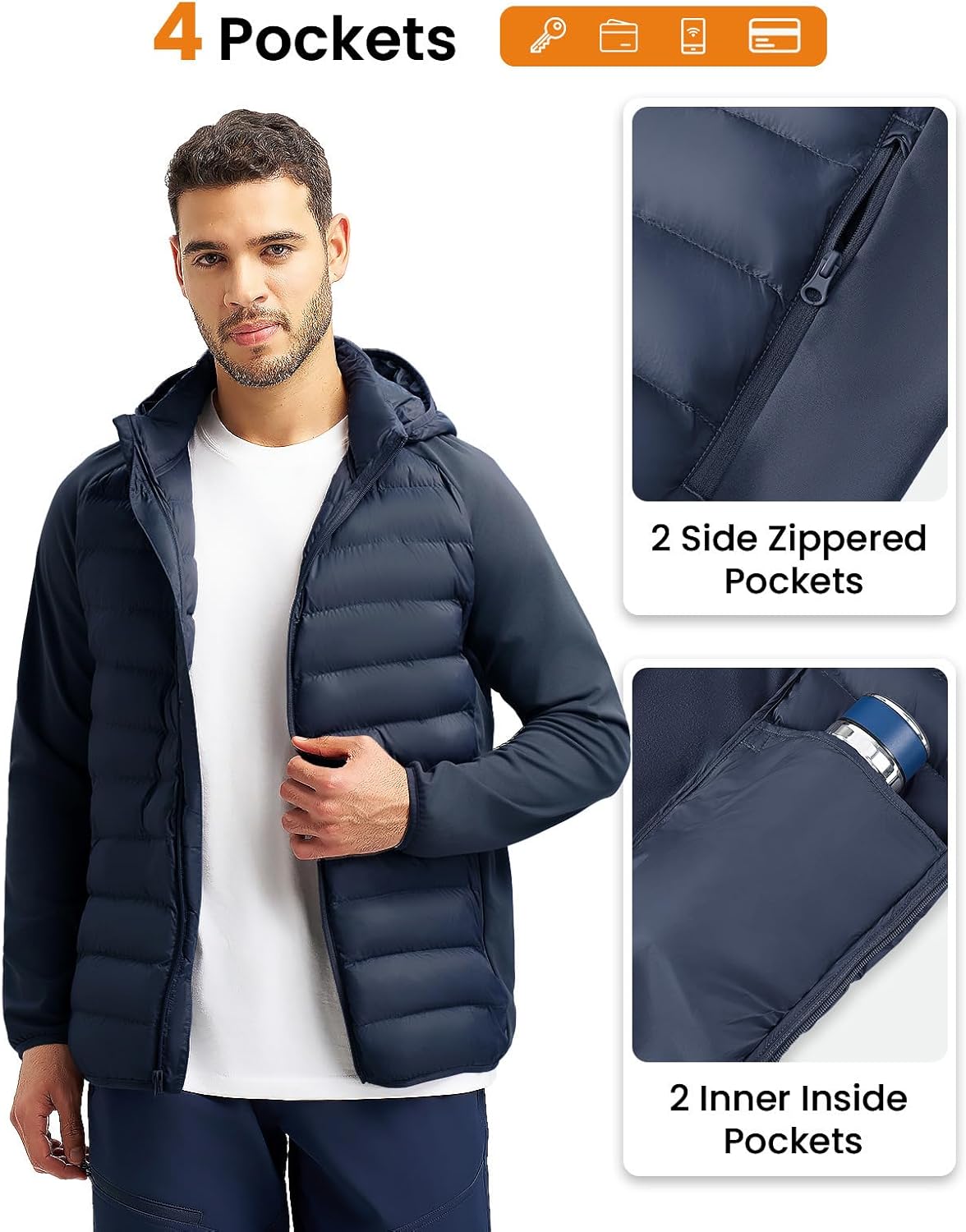 Rdruko Men's Insulated Running Jacket Hybrid Lightweight Puffer Jacket Detachable Hood Warm Winter Coat Hiking Golf - Image 6