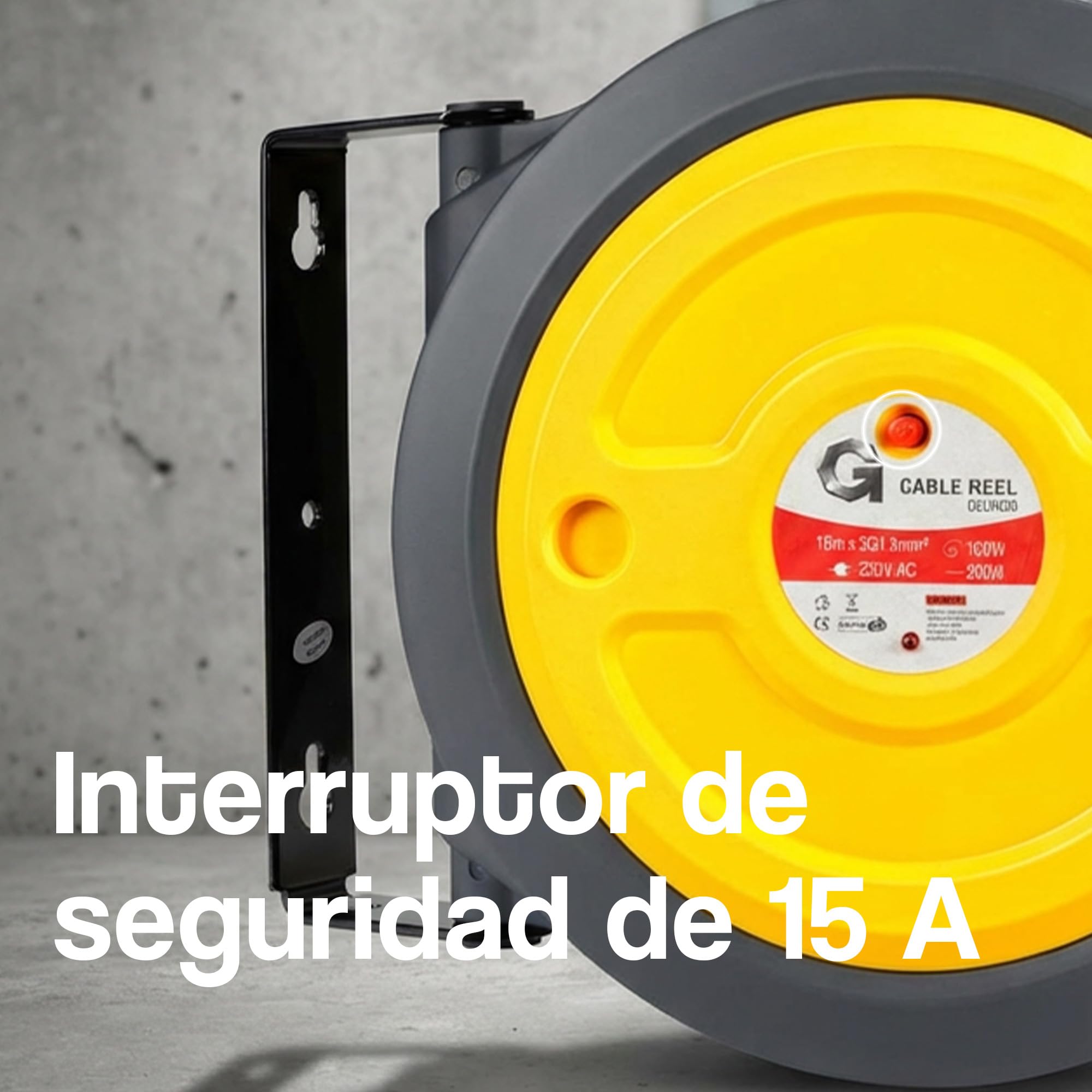 G Carrete de cable eléctrico automático 1,5 mm² × 15 m – Carrete retráctil inteligente con soporte giratorio para taller, garaje y jardín