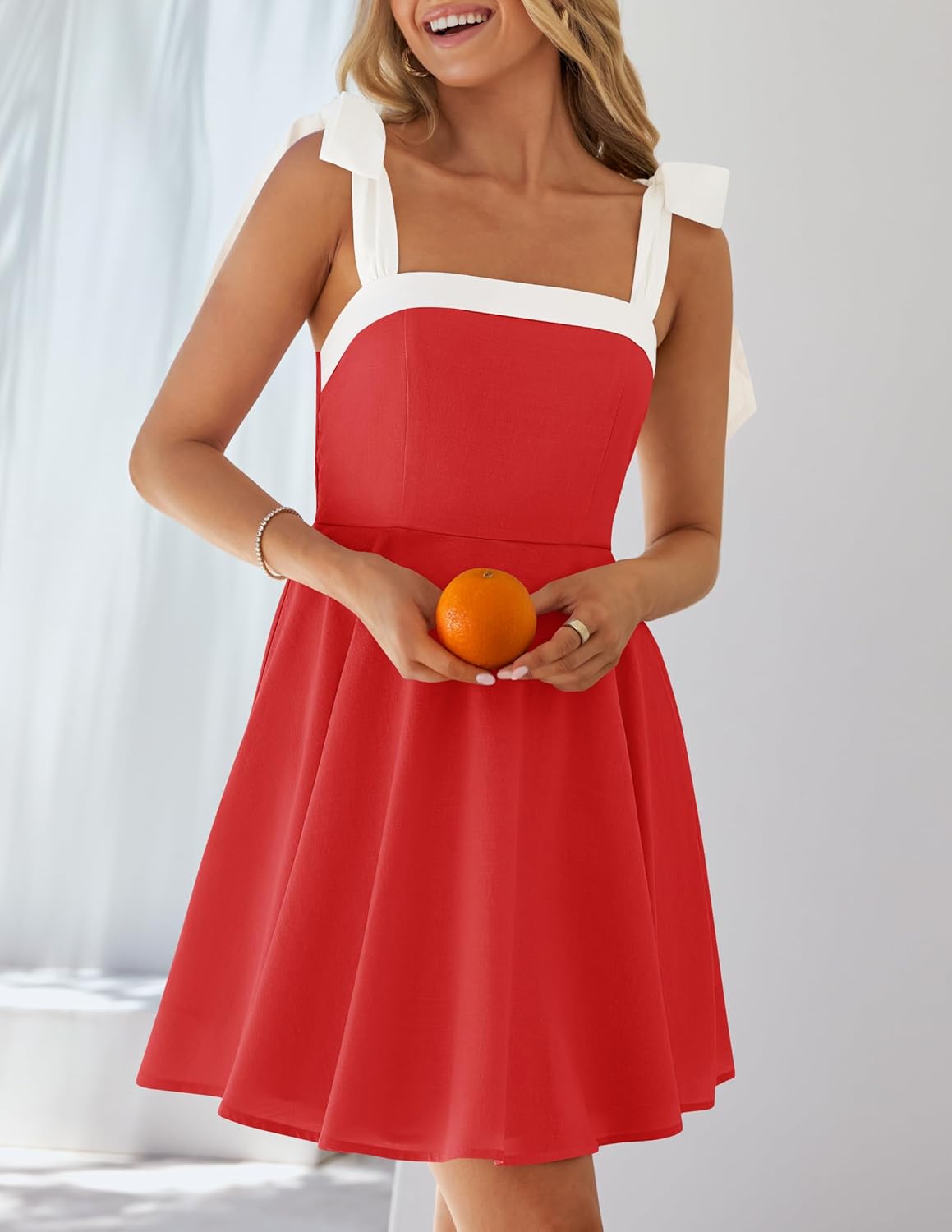 ZESICA Womens Summer Sleeveless Mini Dress Tie Shoulder Square Neck High Waist Swing A Line Short Sundresses - Image 3