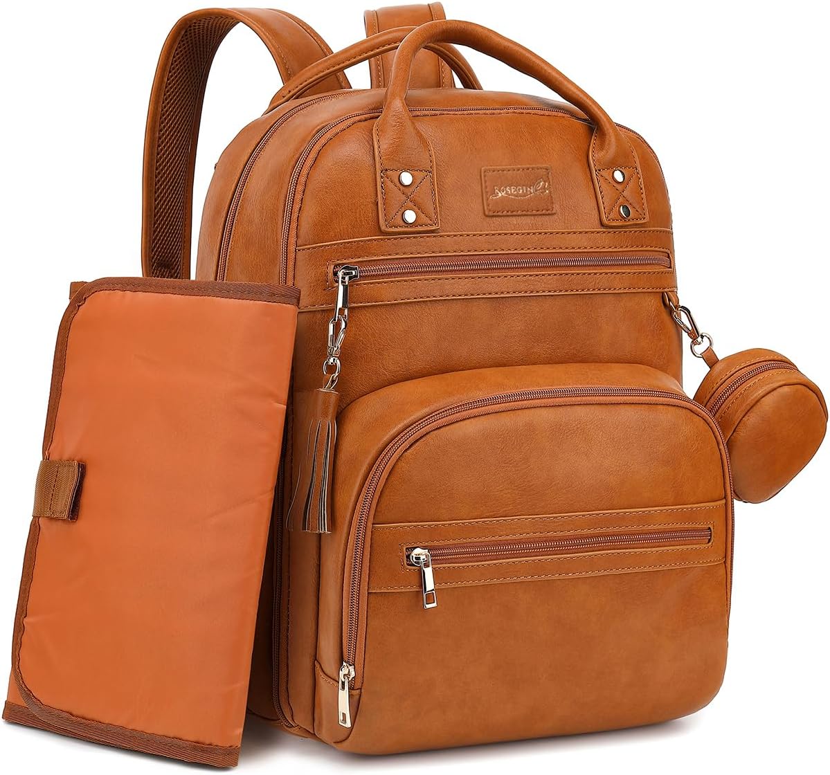 ROSEGIN Vegan Leather Baby Changing Bag Backpack, Large Waterproof Nappy Baby Bag for Mum & Dad – Multifunction Diaper Bag with Changing Mat, Buggy Clips & Dummy Holder, Brown