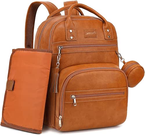 Premium Vegan Leather Diaper Bag Backpack with Waterproof Changing Pad,